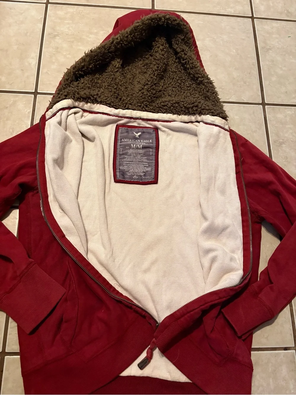 American Eagle Vintage Rare Y2k hoodie distressed letter & fur lined hood MEDIUM